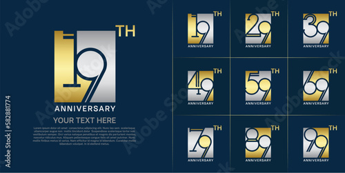 set of anniversary logotype gold and silver color in square for special celebration event