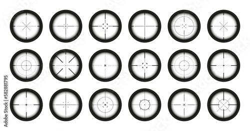 Various weapon sights, sniper rifle optical scopes. Hunting gun viewfinder with crosshair. Aim, shooting mark symbol. Military target sign, silhouette. Game interface UI element. Vector illustration