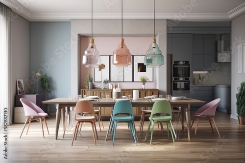 Interior of a dining room with gray walls, a hardwood floor, a table surrounded by various styles of pastel colored chairs, and a row of lights hanging above the table. Mock up for a wall. Generative