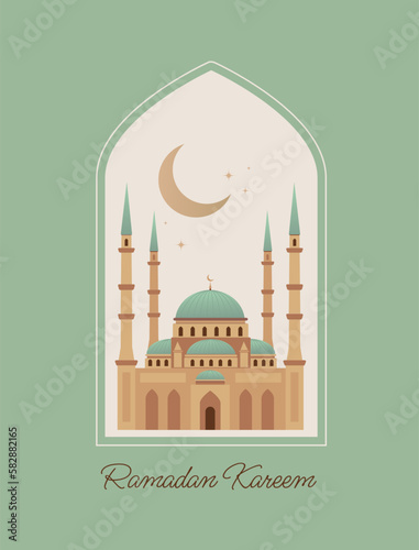 Ramadan kareem 1443 vector illustration. Background with mosque and crescent. Holy month Ramadan celebration. Eid Mubarak. Islamic holiday, greeting card, poster.