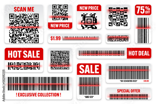 Product barcodes and QR codes with red scanning line. Sale stickers, discount label or promotional badge. Serial number, product ID. Store, supermarket scan labels, price tag. Vector illustration © 32 pixels
