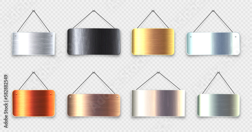 Brushed metal blank hanging signboards. Vintage door sign for cafe, restaurant, bar or retail store. Announcement banner, information signage for business or service. Vector illustration