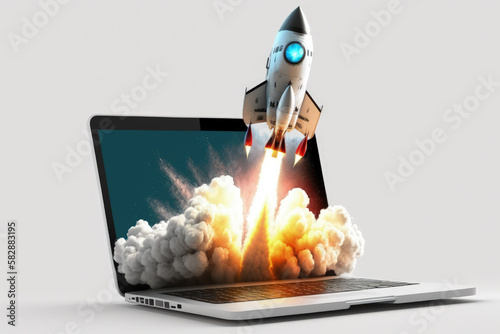 Blast Off into the Digital World: Laptop with Rocket Emerging from Screen. Generative AI