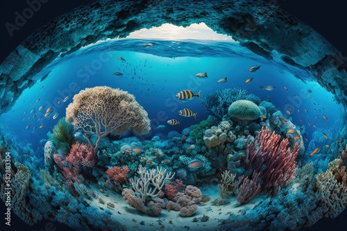 Vibrant Ecosystem: Panoramic View of Coral Reef and Its Inhabitants. Generative AI