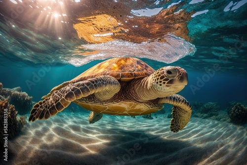 Graceful Journey: Sea Turtle Gliding in crystal-clear waters. Generative AI