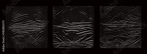 Polyethylene packaging for vinyl, cd cover or other square product. Photo with sealed effect. Polyethylene overlay stamps texture set. Wrinkled and old packaging for vinyl, cd. Photo