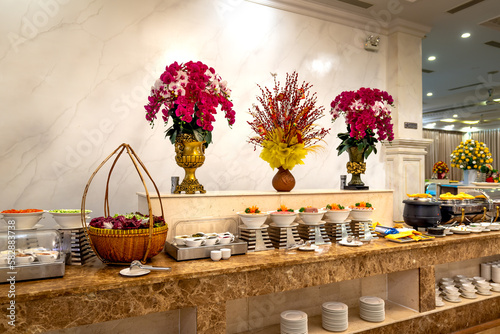 See the interior of the buffet breakfast room at restaurant of the in Thien Thanh 5-star hotel, Kien Giang province, Vietnam  photo