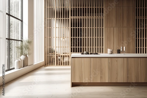 Close up of a wooden panel  modern kitchen with a large window  and parquet flooring. Zen inspired minimalist interior design concept  modern architectural model. Generative AI