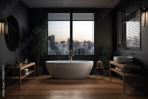 Front view of a dark bathroom with a bathtub  a blank wall  a stool with towels  an oak floor  and a window with a city building in the distance. Generative AI
