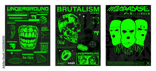 Stylish posters, typography print, t-shirt combining street culture, brutalism, y2k. Retrofuturistic Acid posters with cyber surrealism, underground street concept. Print templates brutalism. Vector