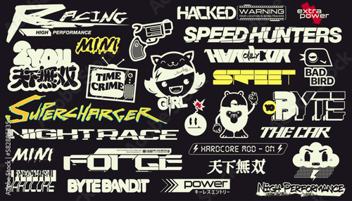 Cyberpunk motorsport decals set. Set of vector stickers and labels in futuristic style. Inscriptions and symbols. Japanese hieroglyphs for matchless.