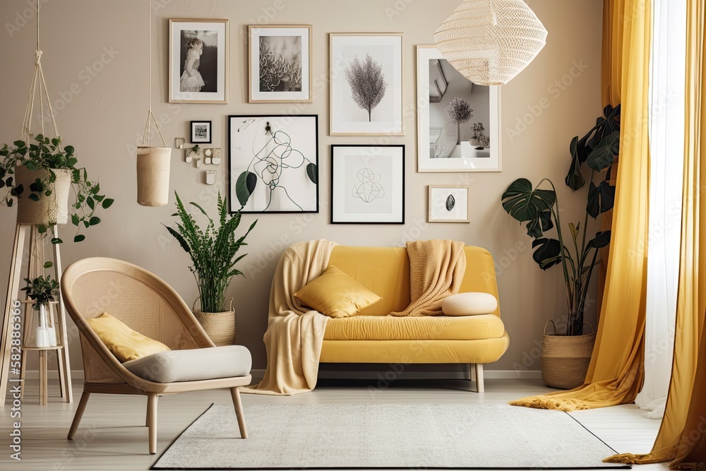 a monochromatic light yellow gallery wall with furniture and plants, a