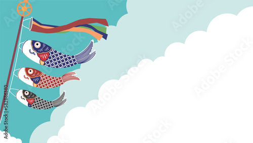 雲が広がる青空と様々な鯉のぼりの背景テンプレート3（青）　Blue sky with clouds and various carp streamers background template 3 (blue)