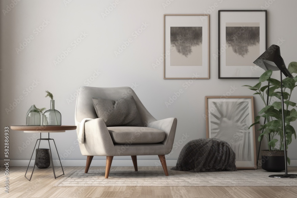 Mockup of a contemporary room featuring a gray armchair. Danish style furniture. Generative AI Mockup of a contemporary room featuring a gray armchair. Danish style furniture. Generative AI
