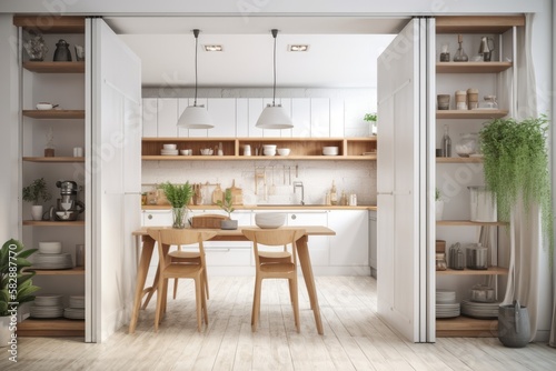 Interior design, architect designer concept, blurred background. White folding door opening on country rustic wooden kitchen with dining table, shelves with appliances, and potted plants. Generative