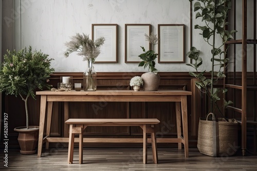 In private spaces  tables are composed of brown maple wood with fake frames and white flower pots. Generative AI