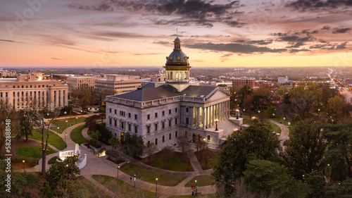 Aerial view of the South Carolina Statehouse at dusk in Columbia, SC. Columbia is the capital of the U.S. state of South Carolina and serves as the county seat of Richland County