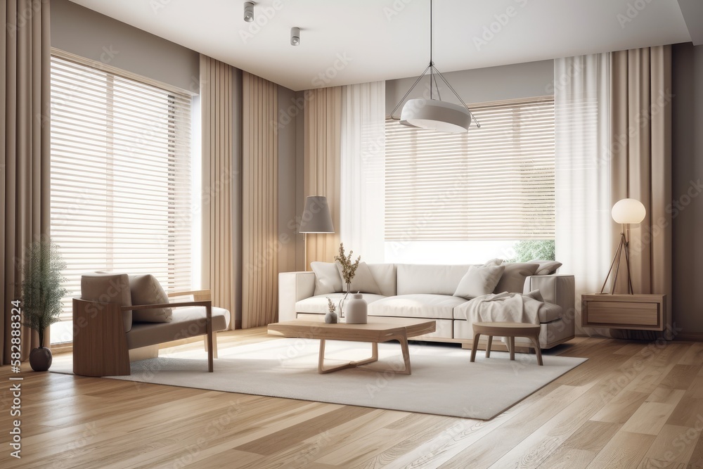 Fototapeta premium Villa living room design decor with beige furniture on a brilliant wall, wood floor, armchair, and couch with lamp in copy space mockup. Relaxation idea. a window with a view. Generative AI