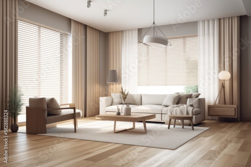 Villa living room design decor with beige furniture on a brilliant wall, wood floor, armchair, and couch with lamp in copy space mockup. Relaxation idea. a window with a view. Generative AI © AkuAku