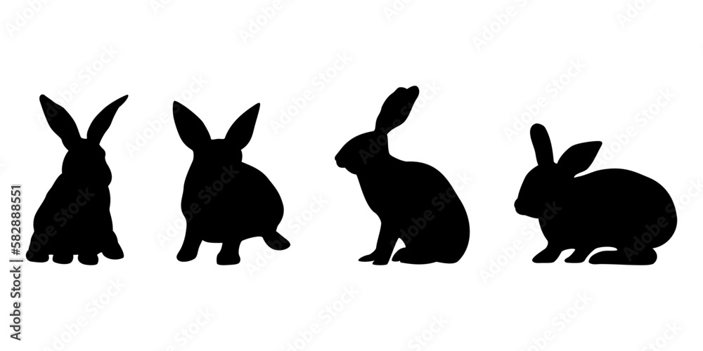 Królik - czarna sylwetka na białym tle. Cztery różne króliki. Siedzący zając. Ilustracja wektorowa do projektów. - obrazy, fototapety, plakaty 