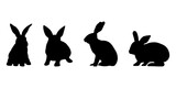 Królik - czarna sylwetka na białym tle. Cztery różne króliki. Siedzący zając. Ilustracja wektorowa do projektów.