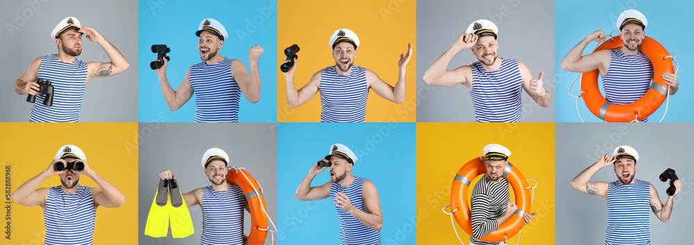 Collage with photos of sailors on different color backgrounds