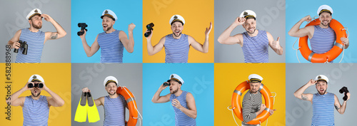 Fotografie, Obraz Collage with photos of sailors on different color backgrounds