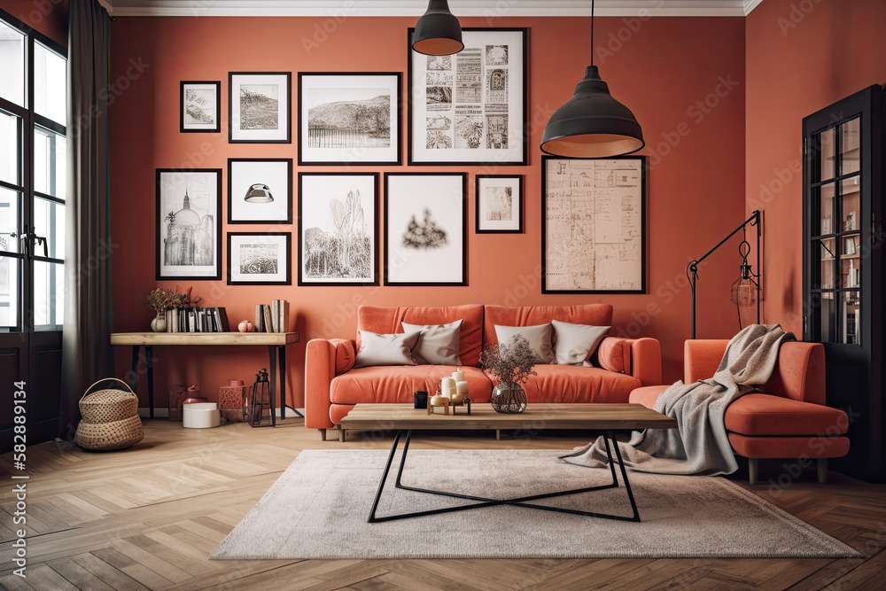 A living room with a creative interior arrangement includes a created