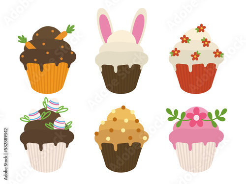 Set of cute Easter cupcakes. Theme cupcakes for Easter. Illustration of Easter cupcakes.