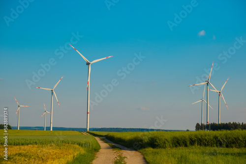 Wind energy.Wind generators in a wheat field.Green energy.Ripe wheat and windmills.Electricity and green energy concept.Natural clean energy. 