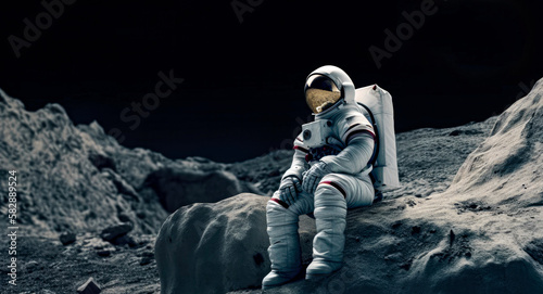 An astronaut is deep in thought while sitting on a moon rock pondering the universe (generative AI)		
 photo