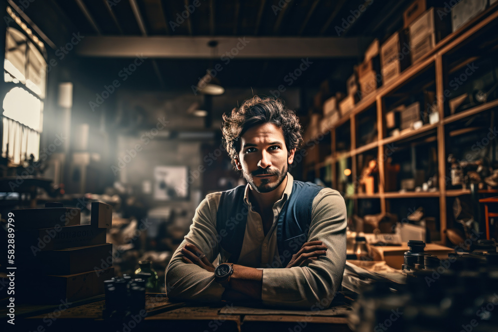 Man working at the counter at a small shop Man working at the counter at a small shop