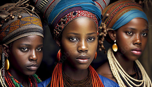 Tribal African Women in Traditional Headdress Generative Ai
