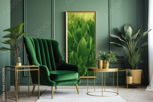 An empty gold frame hangs on the wall of a living room with fresh plants, a chair, and a green decor. Generative AI