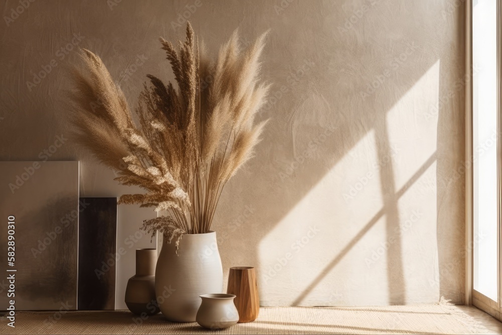 simple flat wall mockup indoors with dried Pampas Grass. Background with earthy neutral tones. A light, airy interior with a wooden floor and white walls. Generative AI
