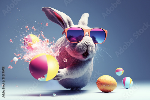 Bunny jumping and throwing easter eggs on blue background. Generative AI.