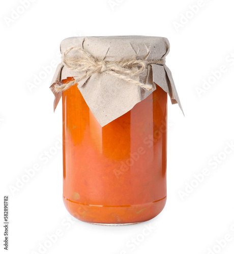 Jar of delicious pumpkin jam isolated on white