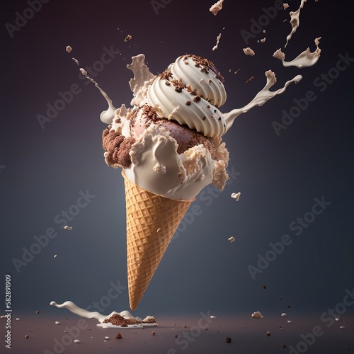 delicious Ice cream in a wafer cone with chocolate topping. sweet dessert, milk splash, closeup, Food photography, melting ice cream, advertising shoot, studio background, generative Ai 