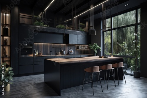 a contemporary black kitchen seen from the front. Generative AI