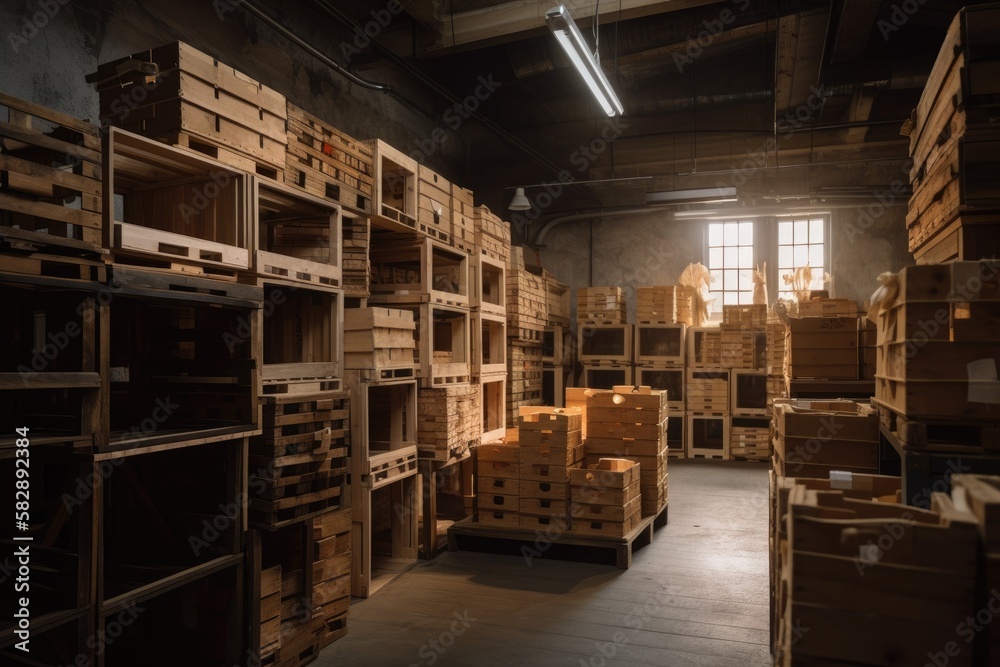 Illustration of a wooden warehouse - Created with Generative ai Illustration of a wooden warehouse - Created with Generative ai