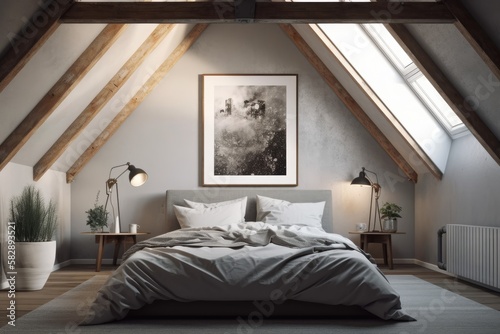 Interior of an attic bedroom with a double bed, a gray cover, a vertically framed poster, and roof windows. an angle. a mockup. Generative AI