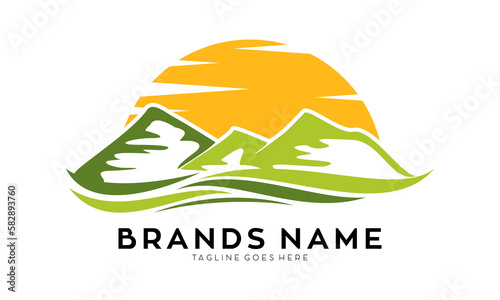 Green hills with sunrise vector logo