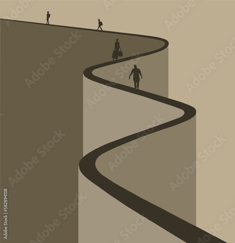 People with luggage are seen walking away on a winding path in an isolated illustration