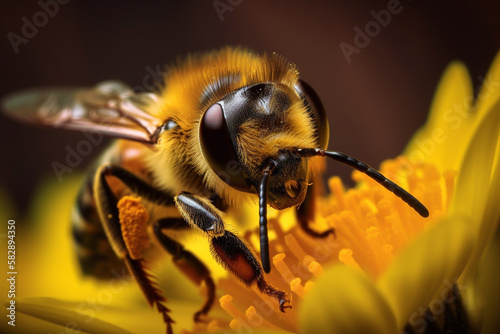 Bee pollinating yellow Sunflower, entomophily, cross pollination, macrophotography