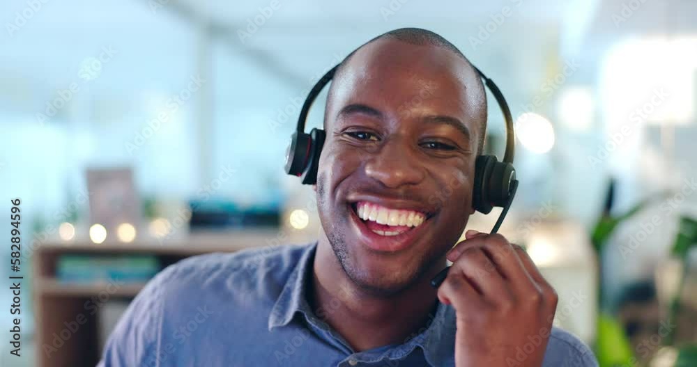 Call center, face and black man, happy agent or consultant for ecommerce, customer support or friendly help desk. Portrait of an information technology person consulting in professional online career