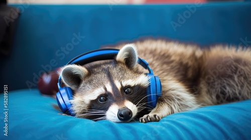 Raccon Lying on Blue Couch, Hearing Music With Headphones. Generative AI.