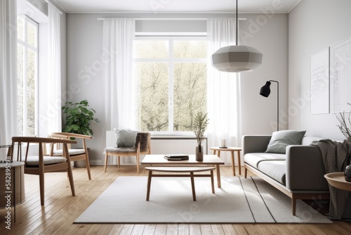 Modern Scandinavian living room furnishings include a sofa, coffee table, and plants. Stylish carpet and brown oak parquet flooring. beautiful, basic apartment. Generative AI © AkuAku