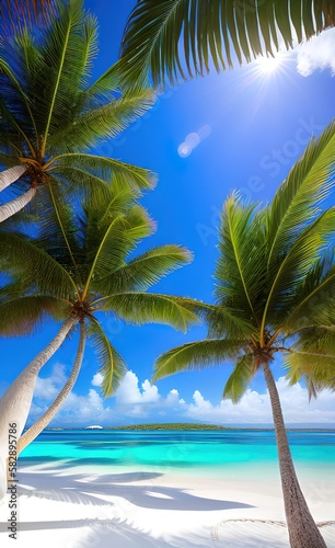 tropical iland with white sand and palm trees and clear blue ocean water