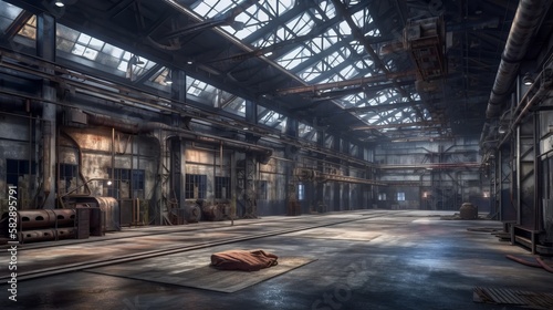 Abandoned military factory base background. Generative AI technology.