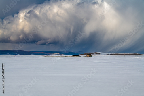 Landscape with snow. Khuvsgul, Mongolia. photo